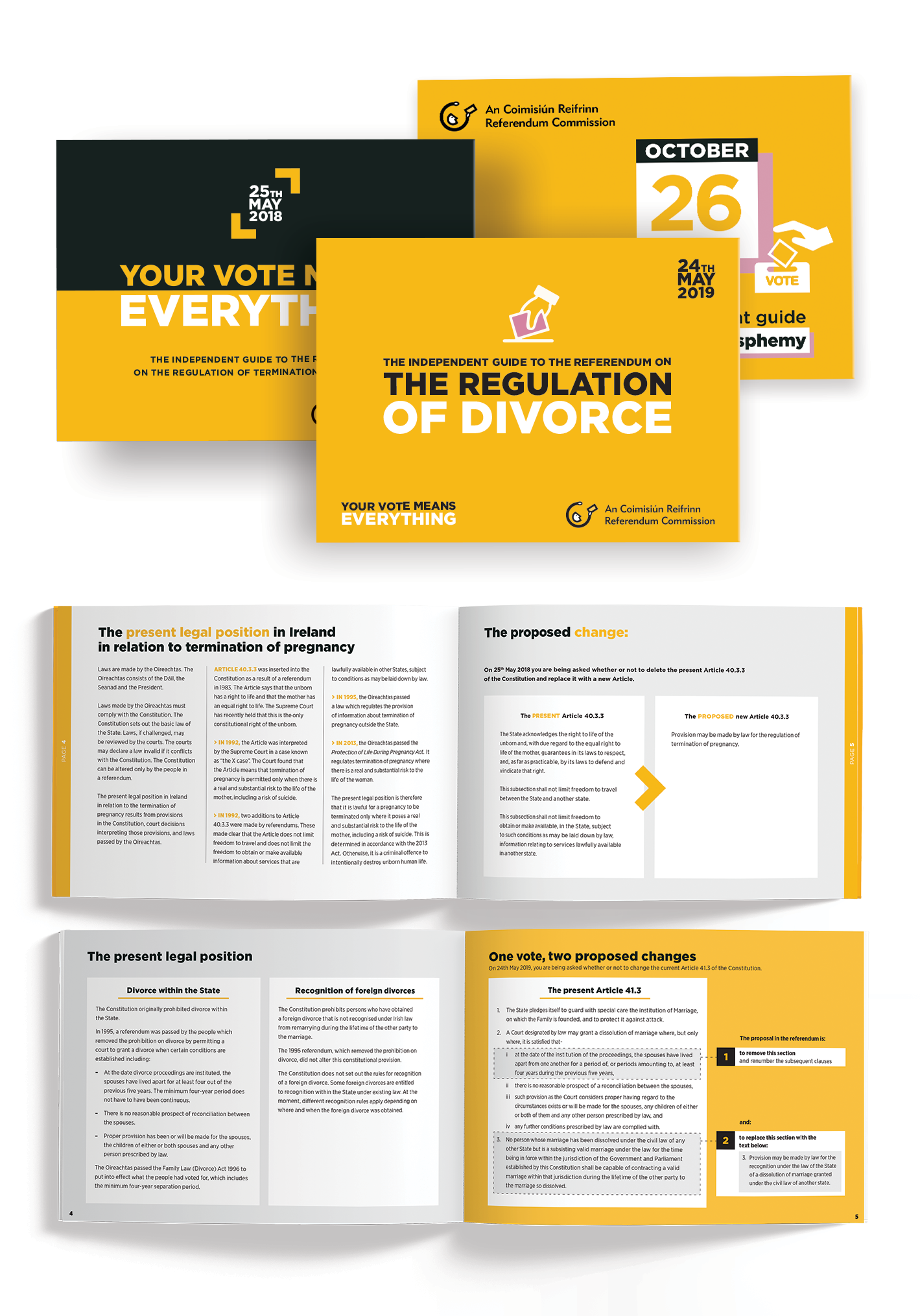 The guidebook covers, and below them, two interior spreads, one showing the prosed changes to the law on the termination of pregnancy, and the other describing the present legal position on divorce and the proposed changes.